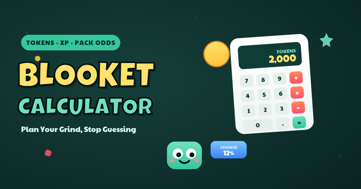 Blooket calculator illustration with a calculator showing tokens, a coin and an odds badge