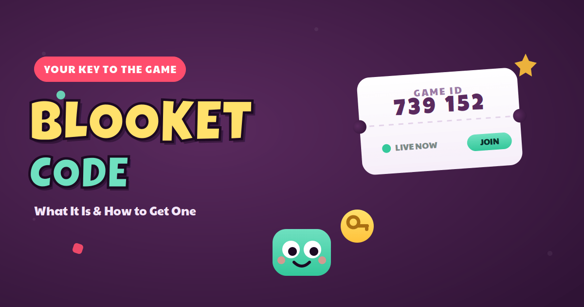 Blooket code illustration showing a Game ID ticket marked live, a key and mascot