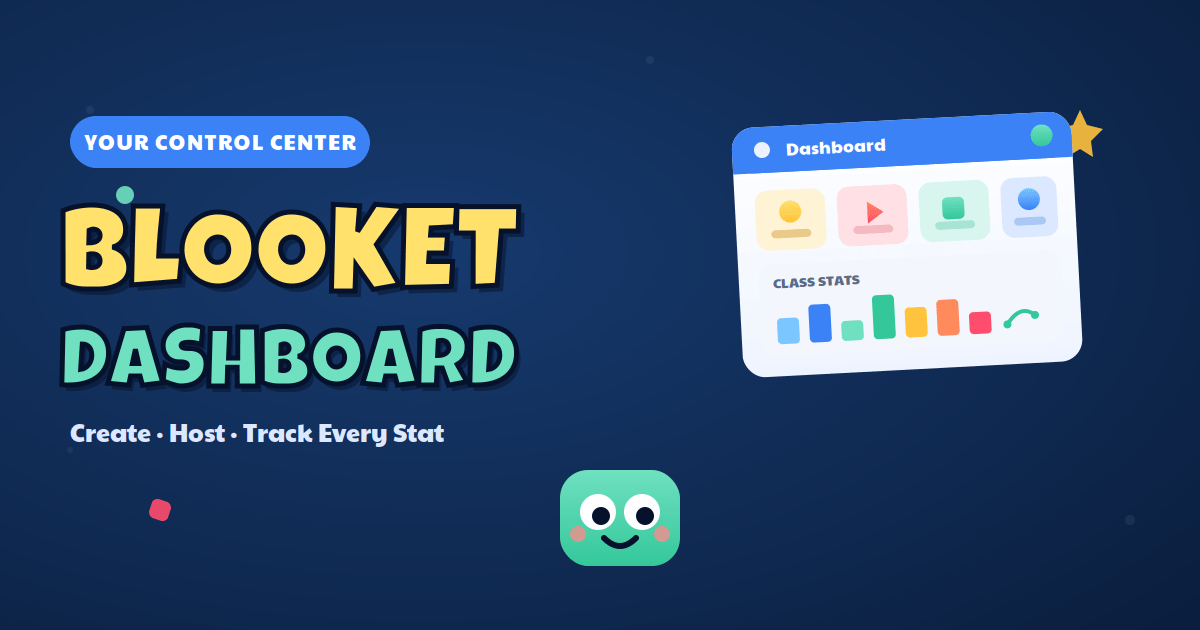 Blooket dashboard illustration with menu tiles, a class stats chart and mascot