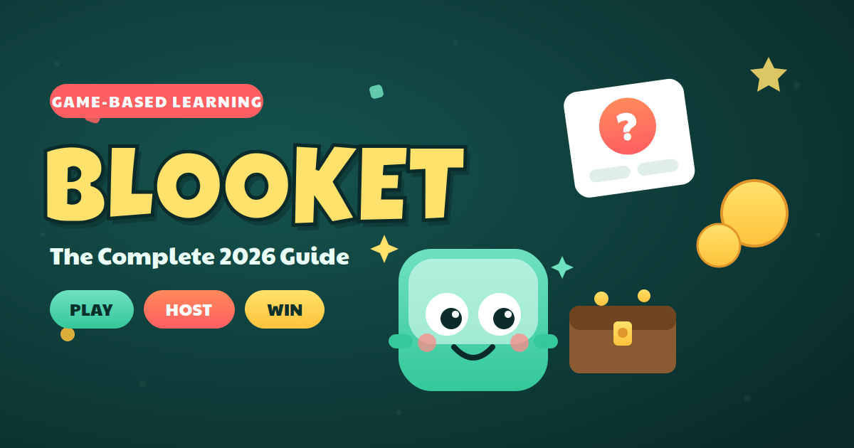 Blooket guide illustration showing a cute mascot, quiz card, coins, and treasure chest with Play, Host and Win labels