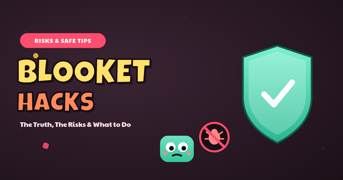 Blooket hacks safety illustration with a green shield, check mark, no-bug icon and mascot