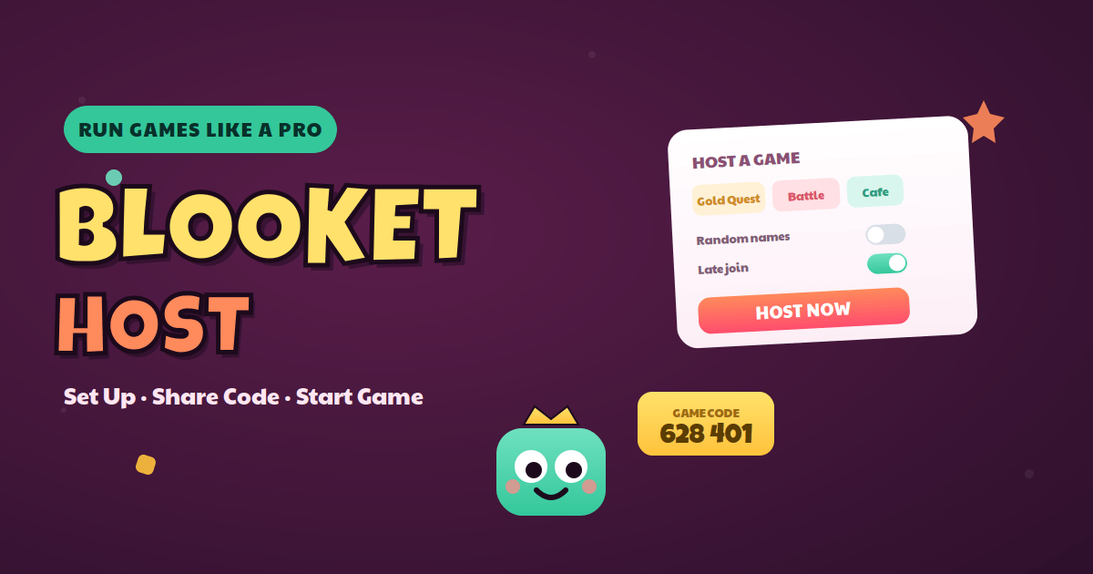 Blooket host panel illustration with mode chips, settings toggles, a Host Now button and game code