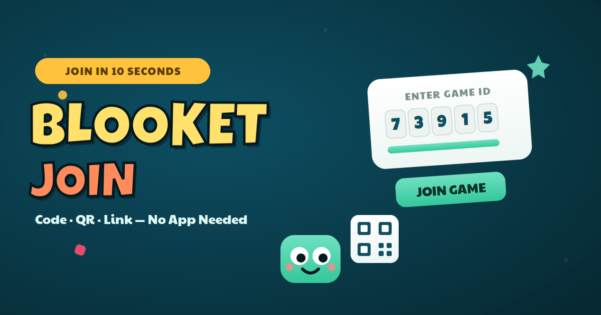 Blooket join screen illustration with a game code box, join button and QR code