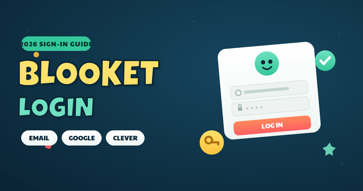 Blooket login screen illustration with a sign-in card, mascot avatar, password field, key icon, and Email, Google and Clever options