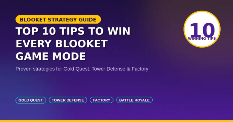 Top 10 tips to win every Blooket game mode shown on a purple banner with Gold Quest and Tower Defense labels